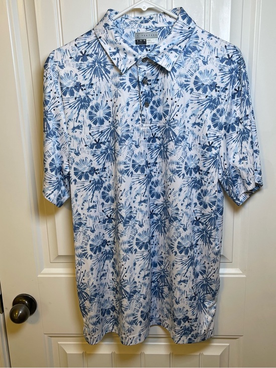 PGA Tour Other - PGA Tour Men’s Large Blue and White Print Short Sleeve Polo Floral Firework